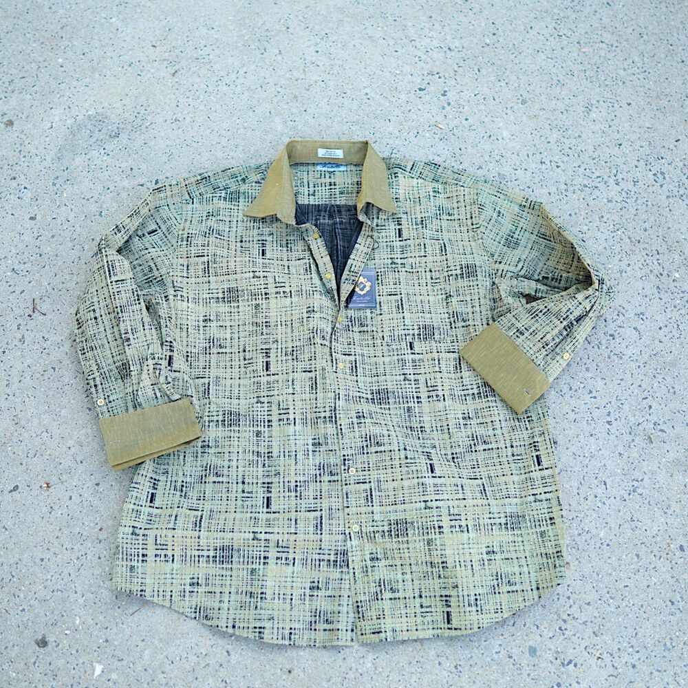 Fratello French Cuff Dress Shirt 20.5 36/37 Black Mustard Pattern NWT 100% Cotto